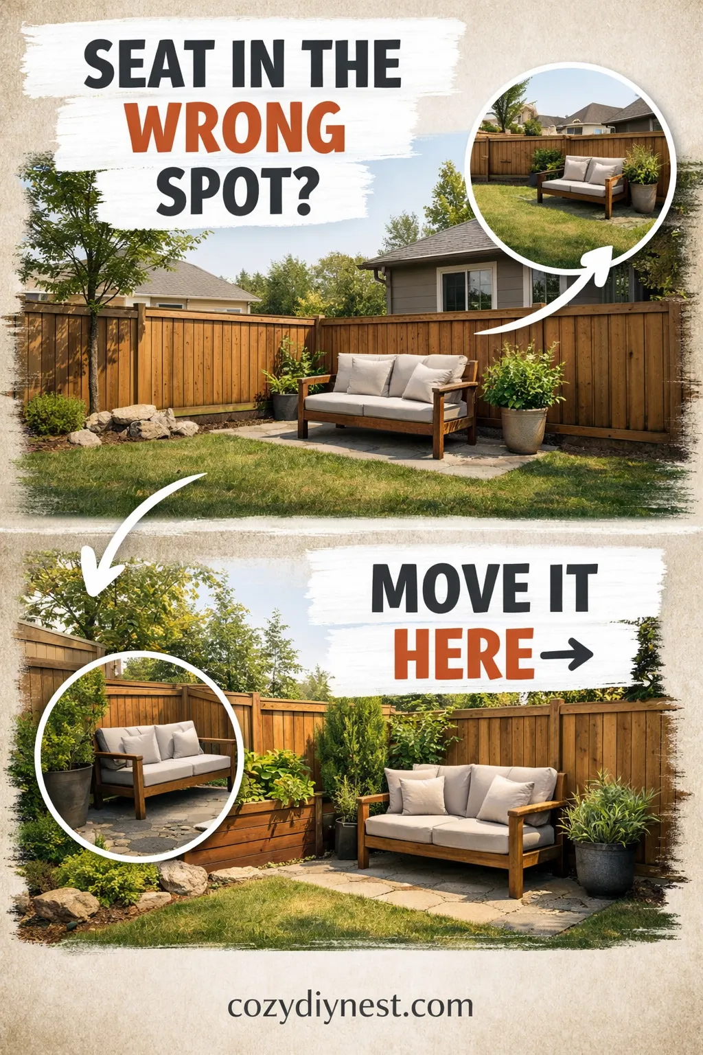 Corner bench placement making a backyard seating area feel more sheltered