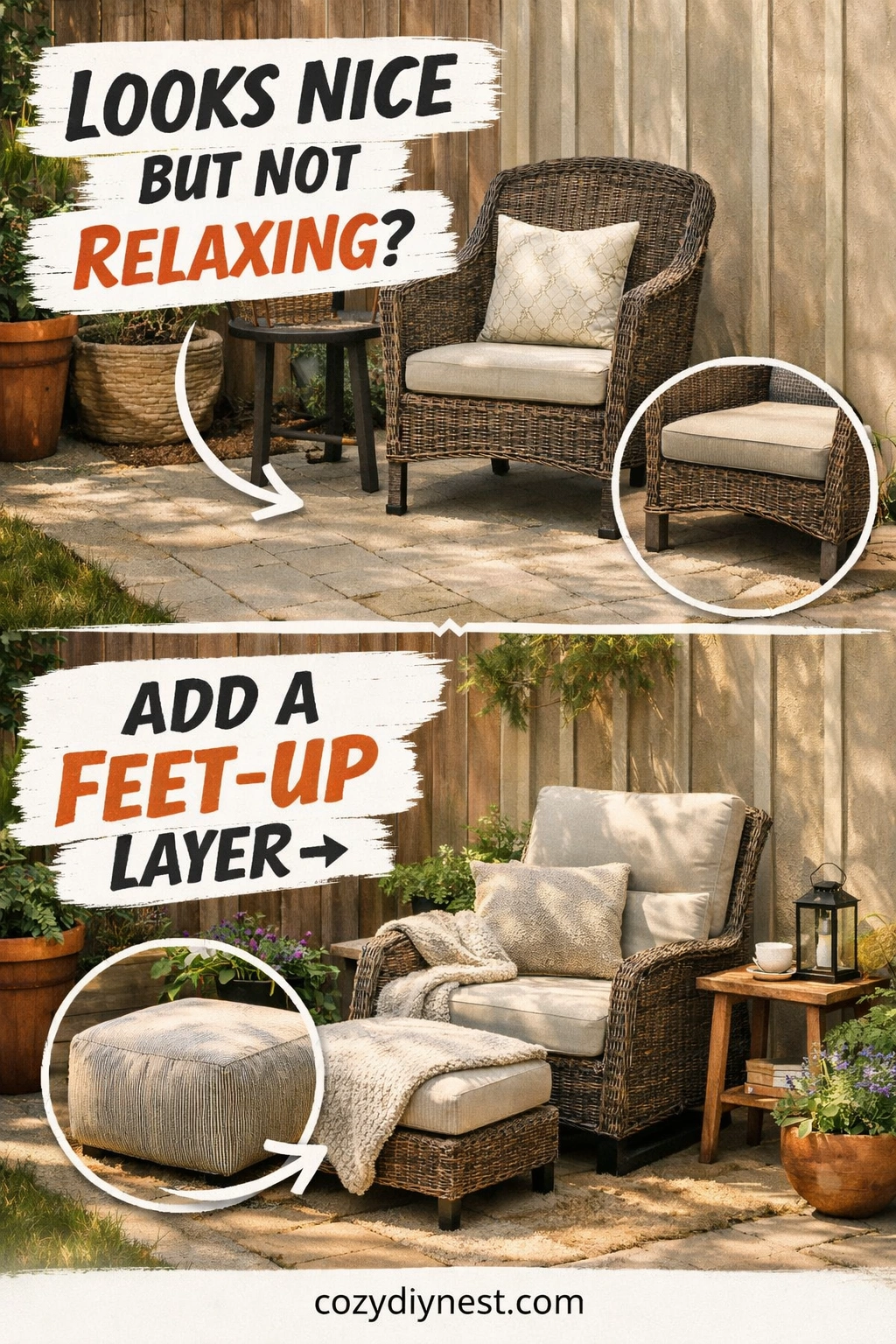 Outdoor pouf and lounge chair making a backyard wellness corner feel more restorative