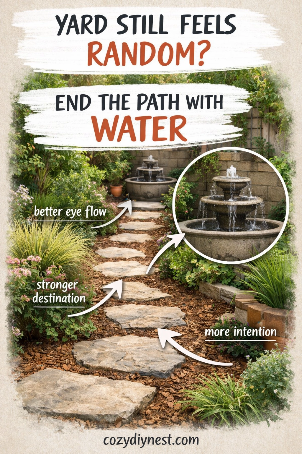 Fountain placed at the end of a small garden path for better flow
