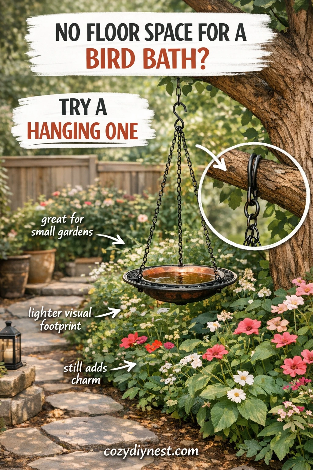 Rustic stone bird bath adding texture and charm to a backyard garden
