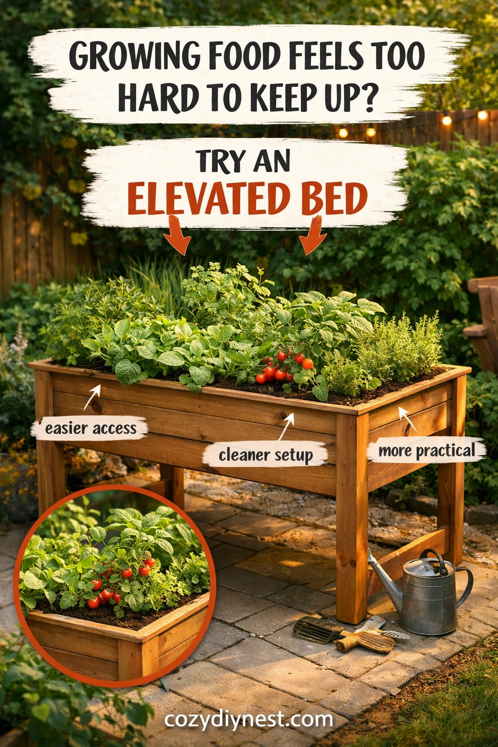 Elevated planter or stock-tank bed in a practical home vegetable garden