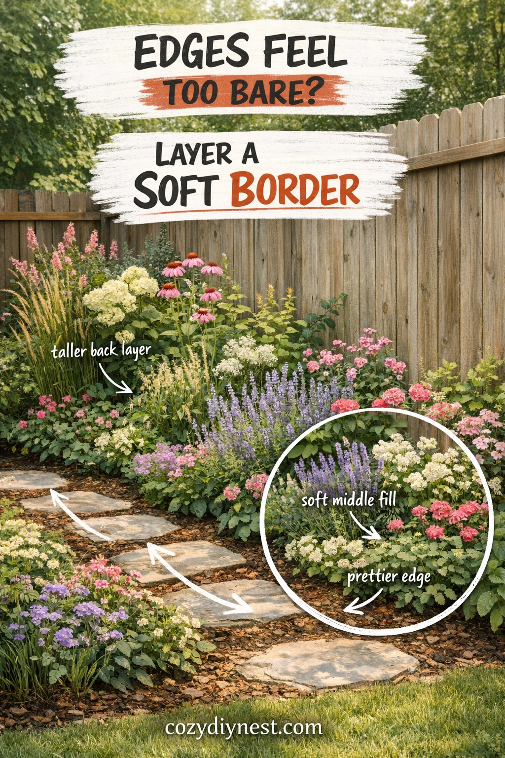 Layered cottage-style border planting softening the edge of a backyard garden
