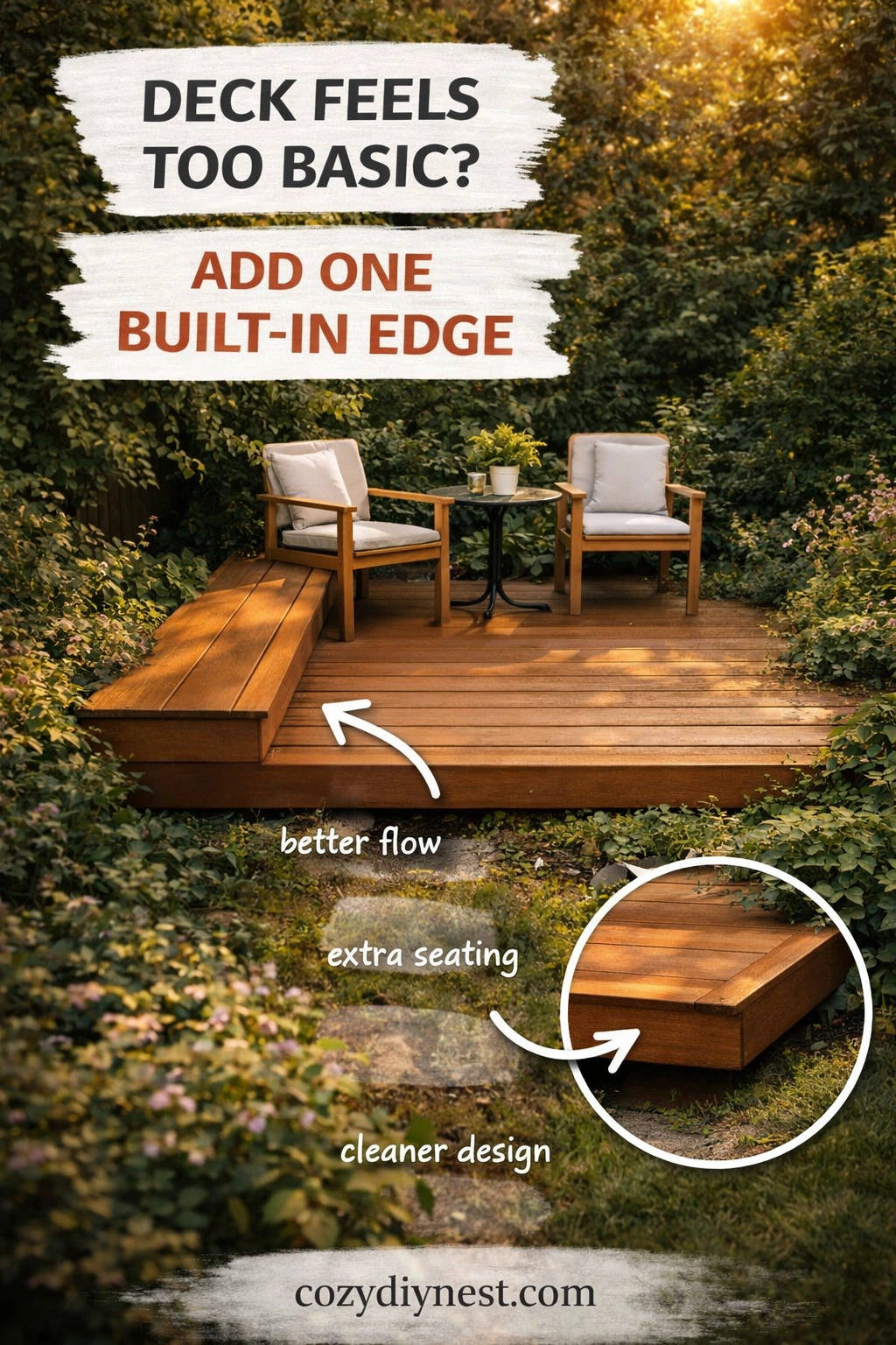 Ground-level deck connected to a garden path in a cozy backyard