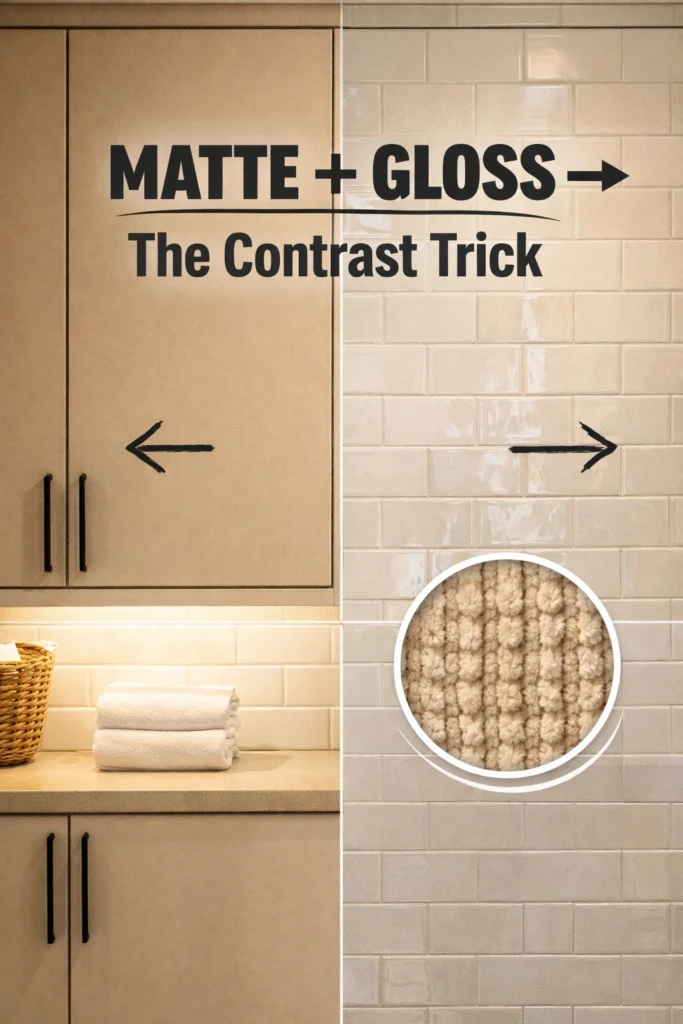contrast between matte cabinetry and glossy tile backsplash in a modern laundry mud room creating layered designer texture