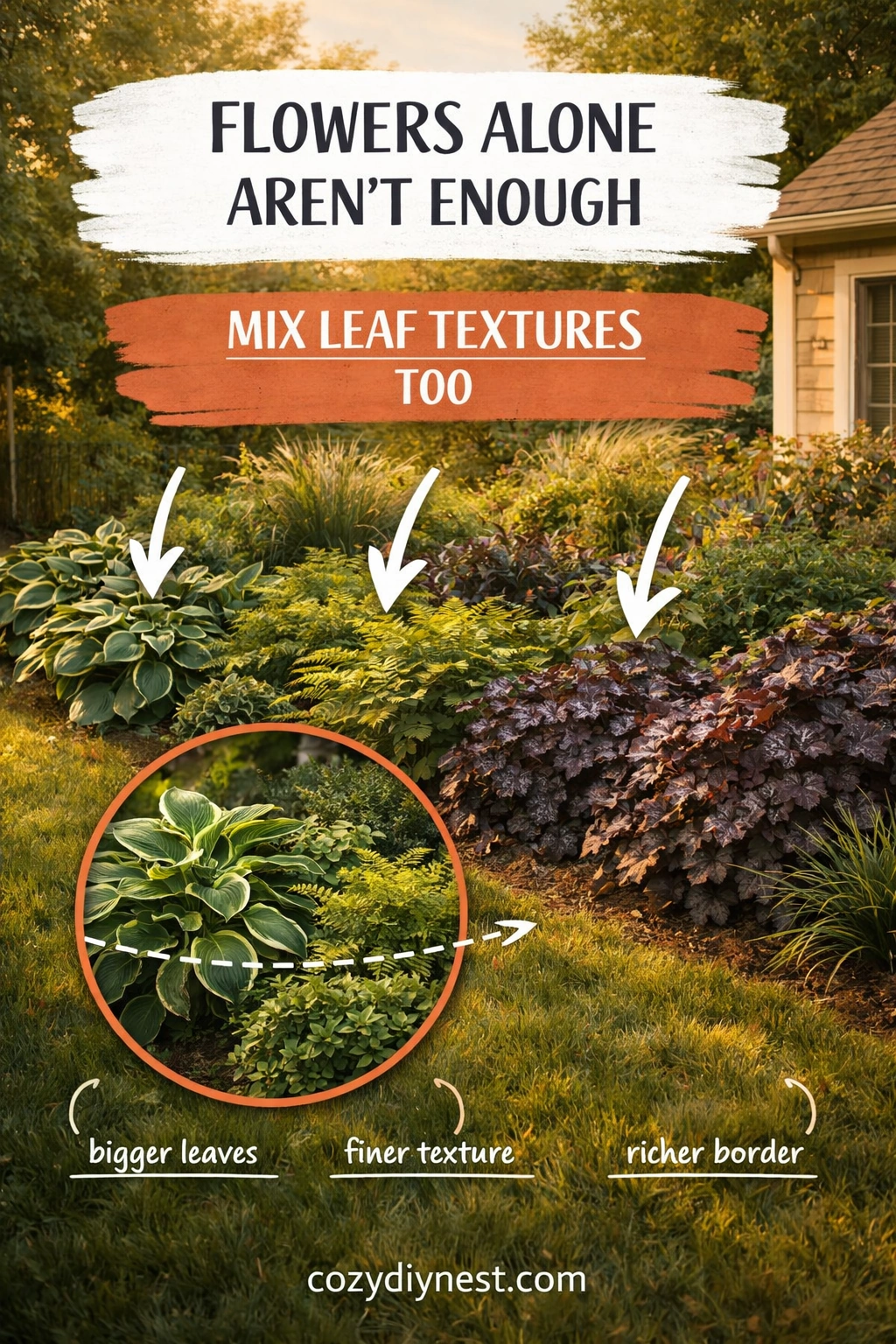 Mixed leaf textures creating more depth in a cottage garden border
