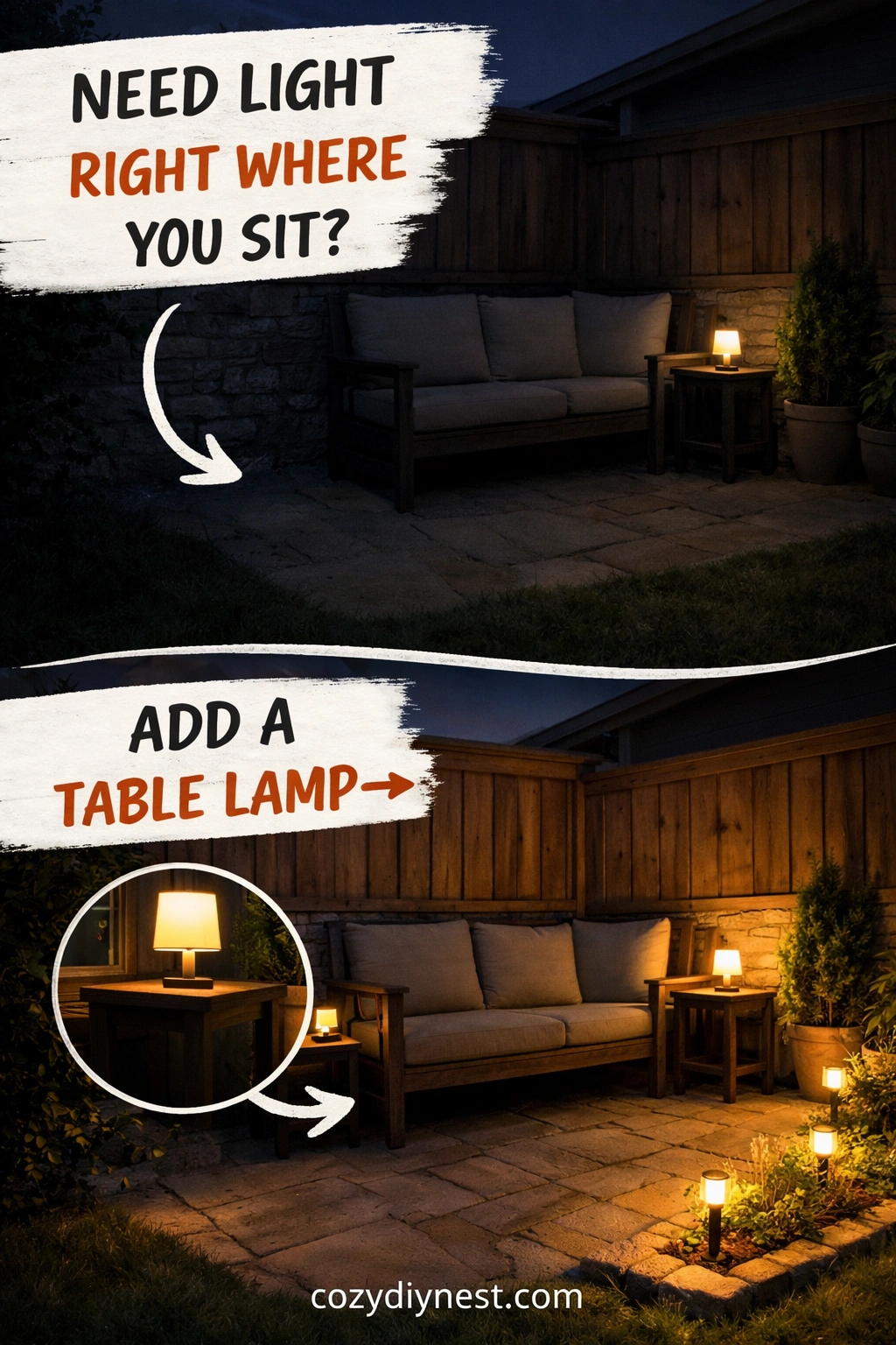 Rechargeable outdoor table lamp adding intimate glow to a backyard corner