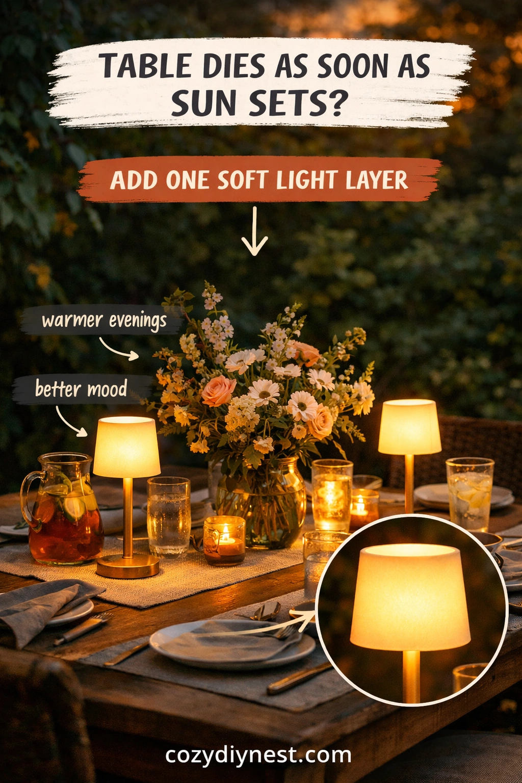 Outdoor table with soft rechargeable lamps making the backyard meal feel warmer at dusk