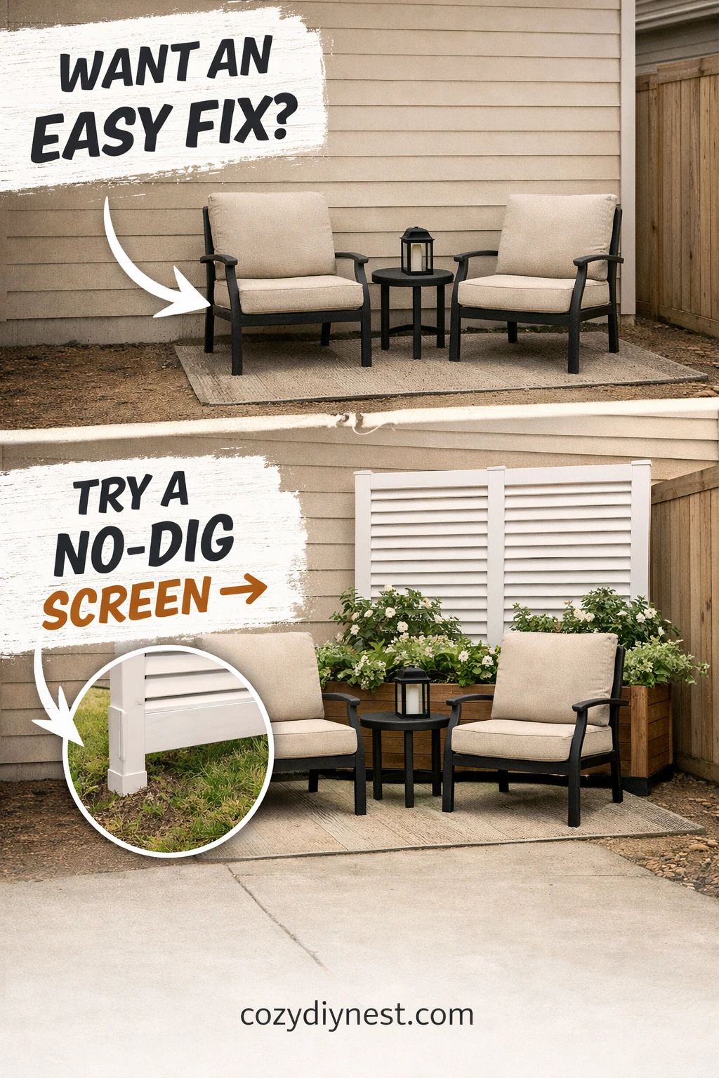 No-dig vinyl screen creating a cleaner backdrop in a small backyard seating area