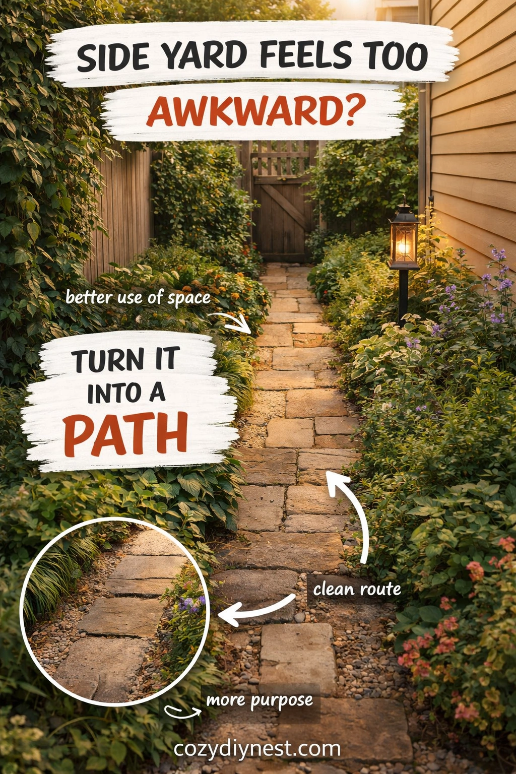 Side-yard garden path turning an awkward narrow space into a useful walkway