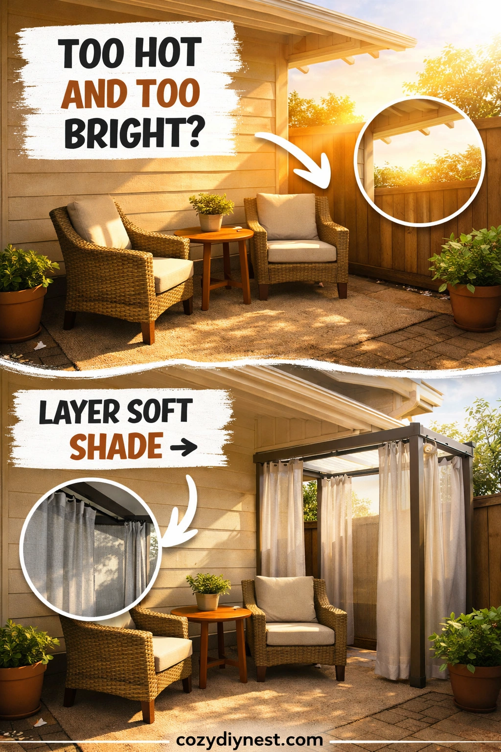 Slim pergola and outdoor curtains adding soft shade to a small patio