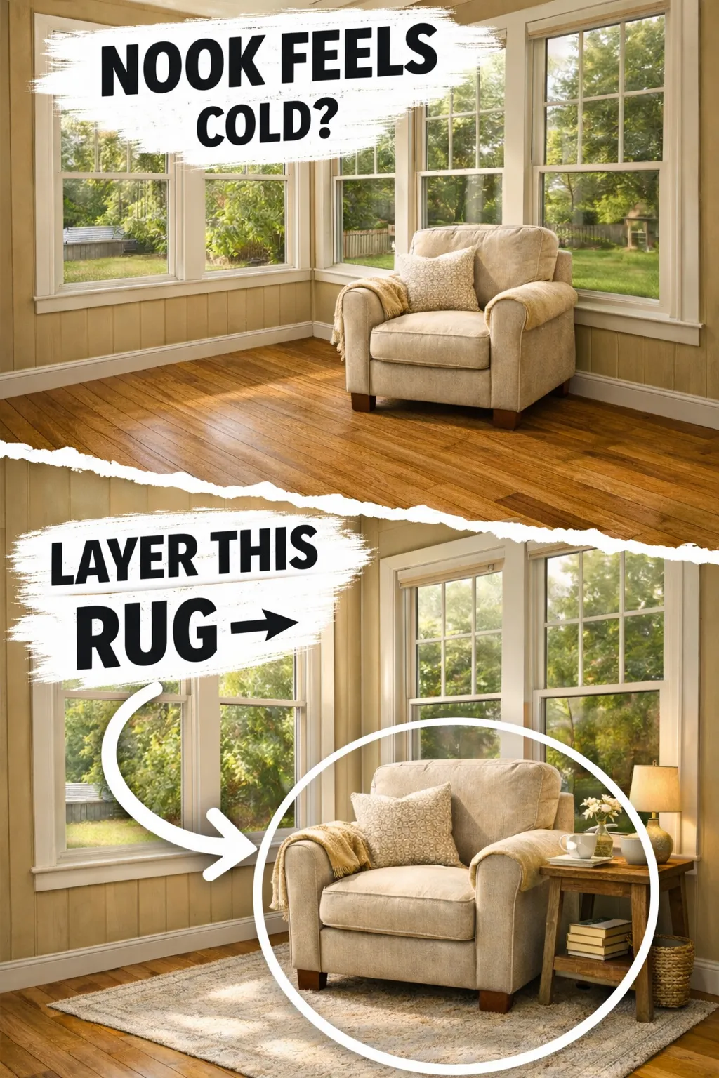 sunroom reading nook ideas with a rug that grounds the chair area