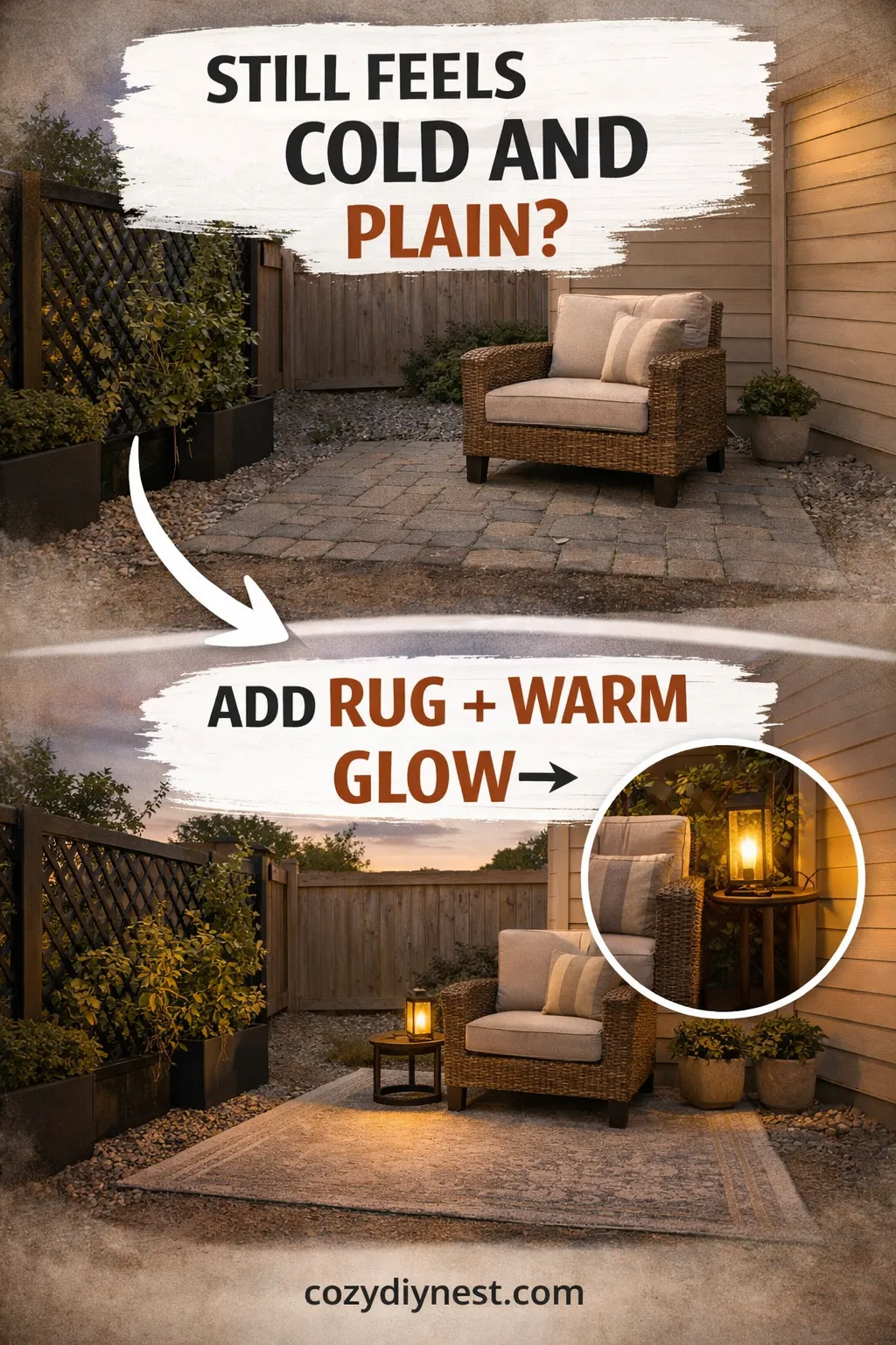 Outdoor rug and warm lighting layered into a screened backyard corner retreat