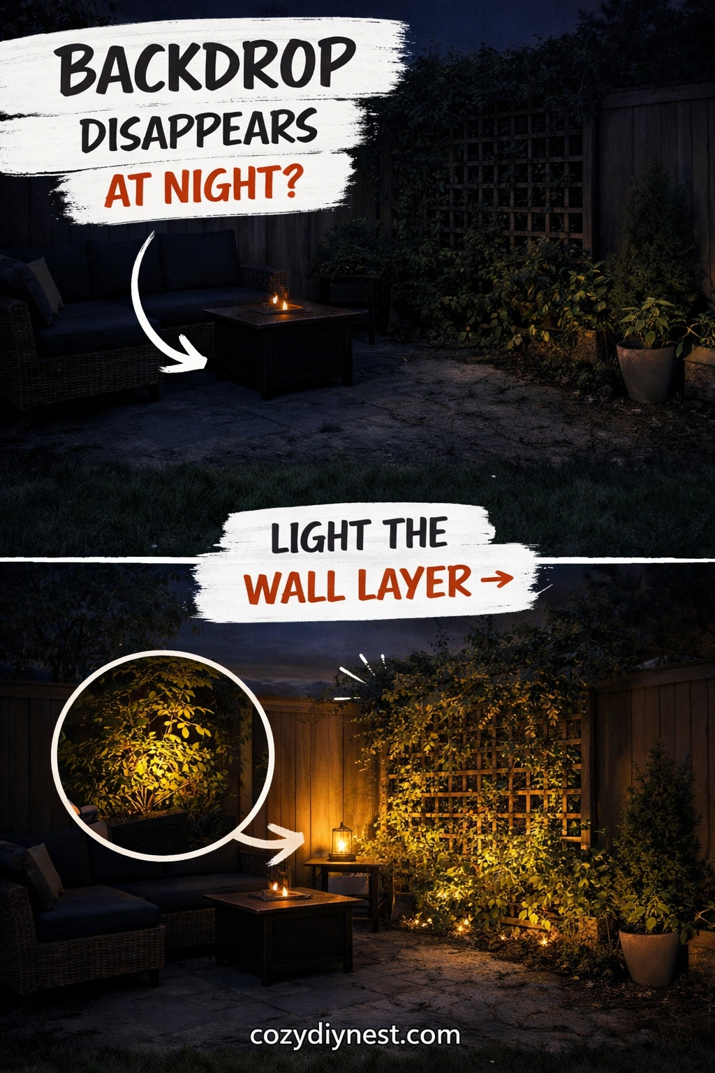 Warm uplighting on a trellis or greenery wall in a backyard corner