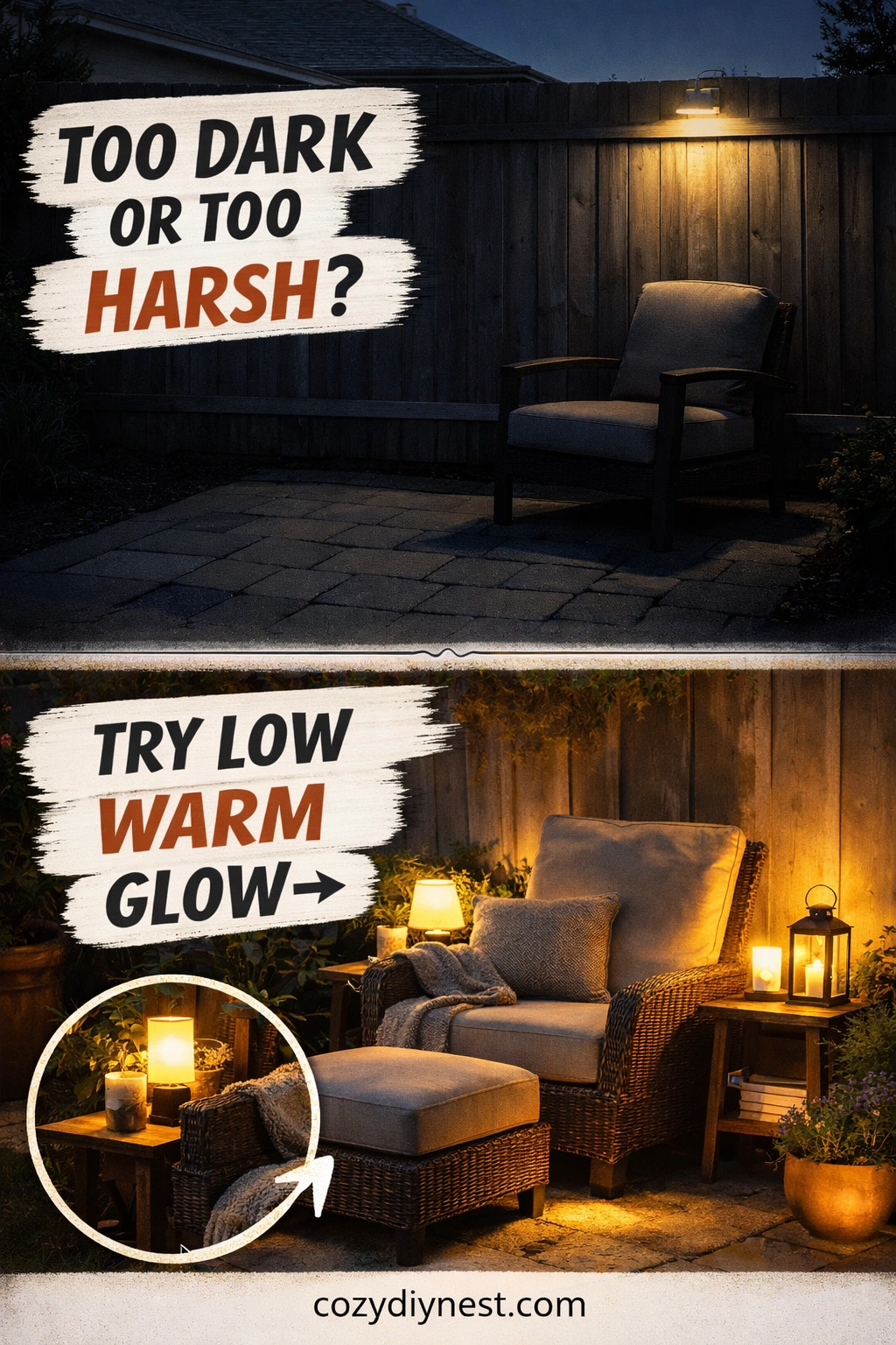 Low warm lantern lighting in a backyard wellness corner at dusk