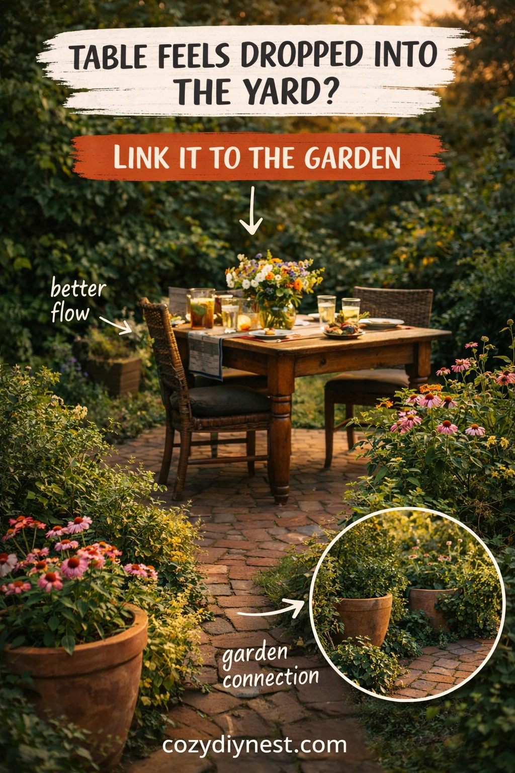 Outdoor table visually connected to the garden with planting and flow