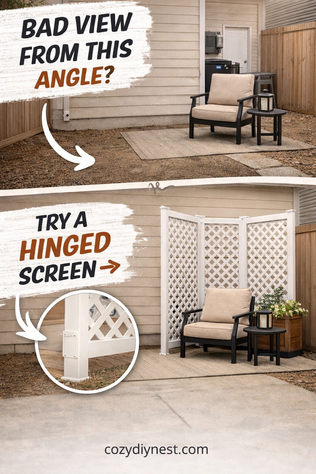 Freestanding hinged screen zoning a small backyard corner and fixing the seating view