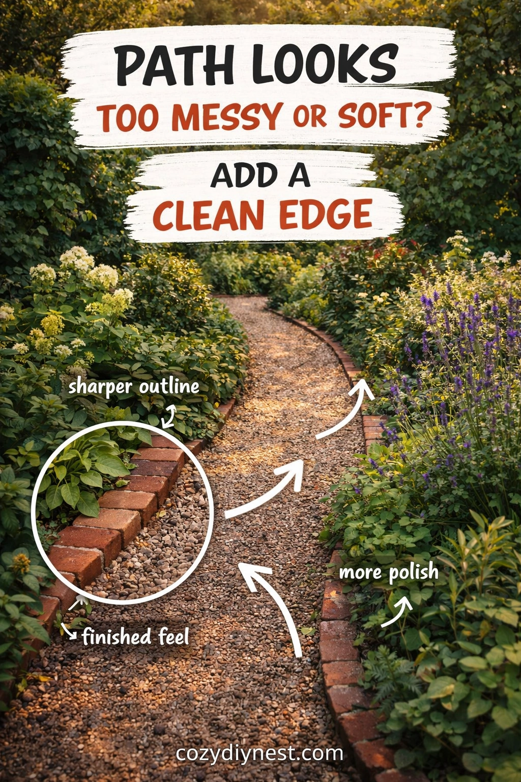 Small garden path ending at a focal point in the backyard