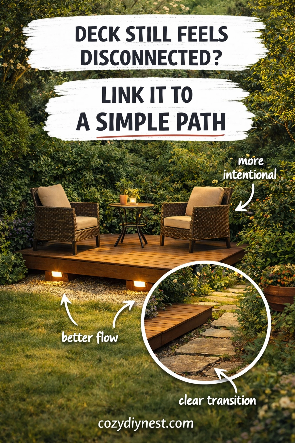 Low backyard deck with built-in bench edge for a more custom look