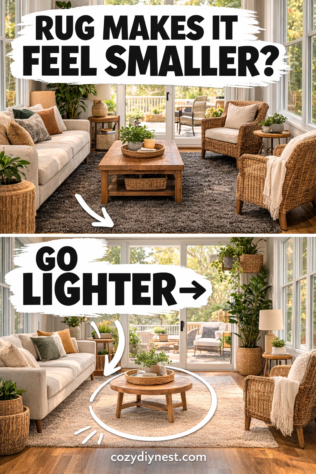 small sunroom ideas with a lighter rug that helps the room feel bigger