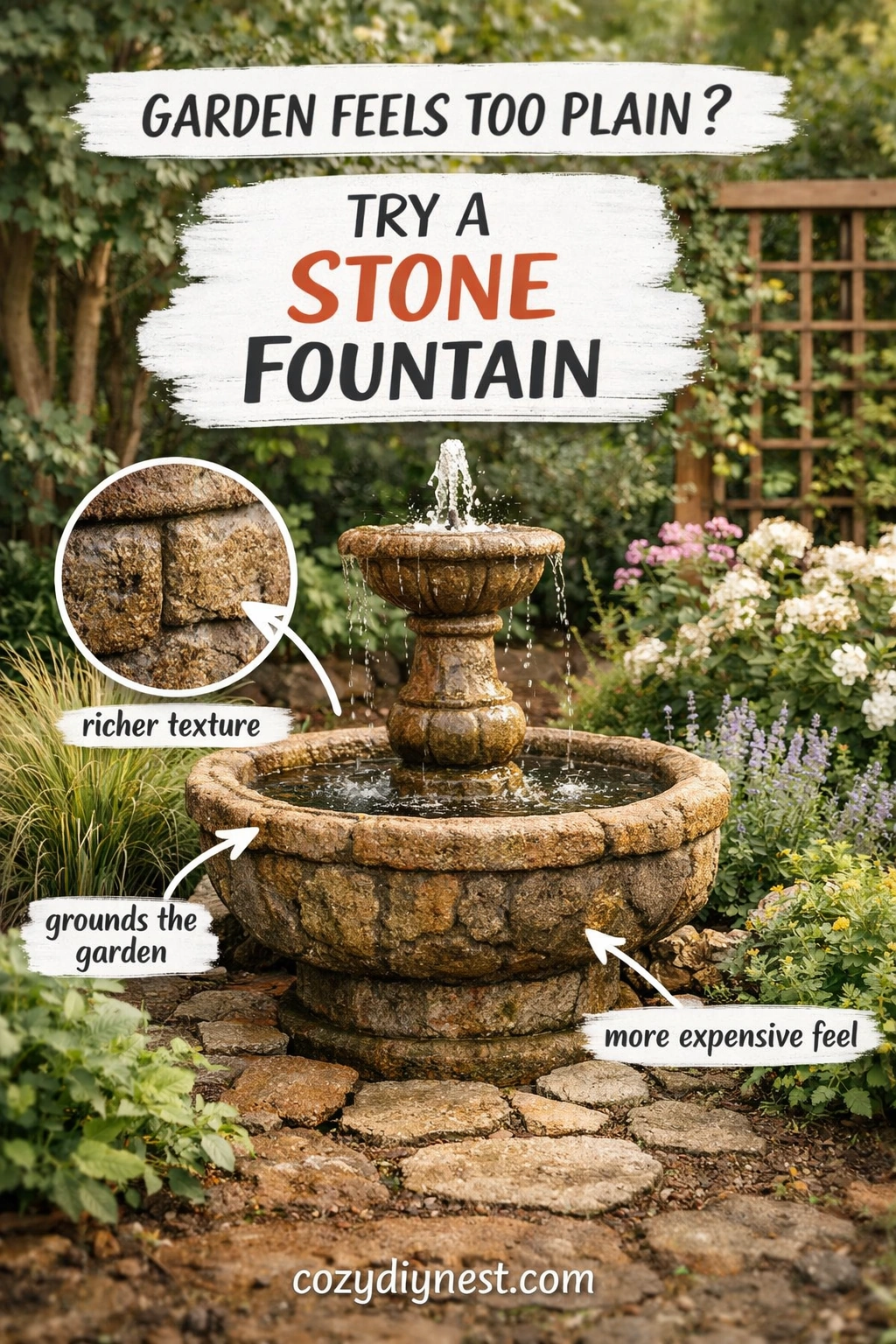Rustic stone fountain making a garden feel richer and more textured
