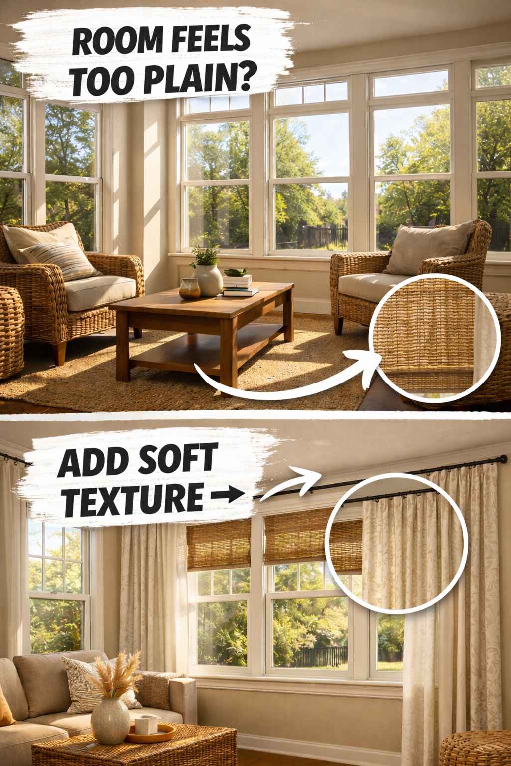 sunroom curtain ideas with woven shades and soft side panels