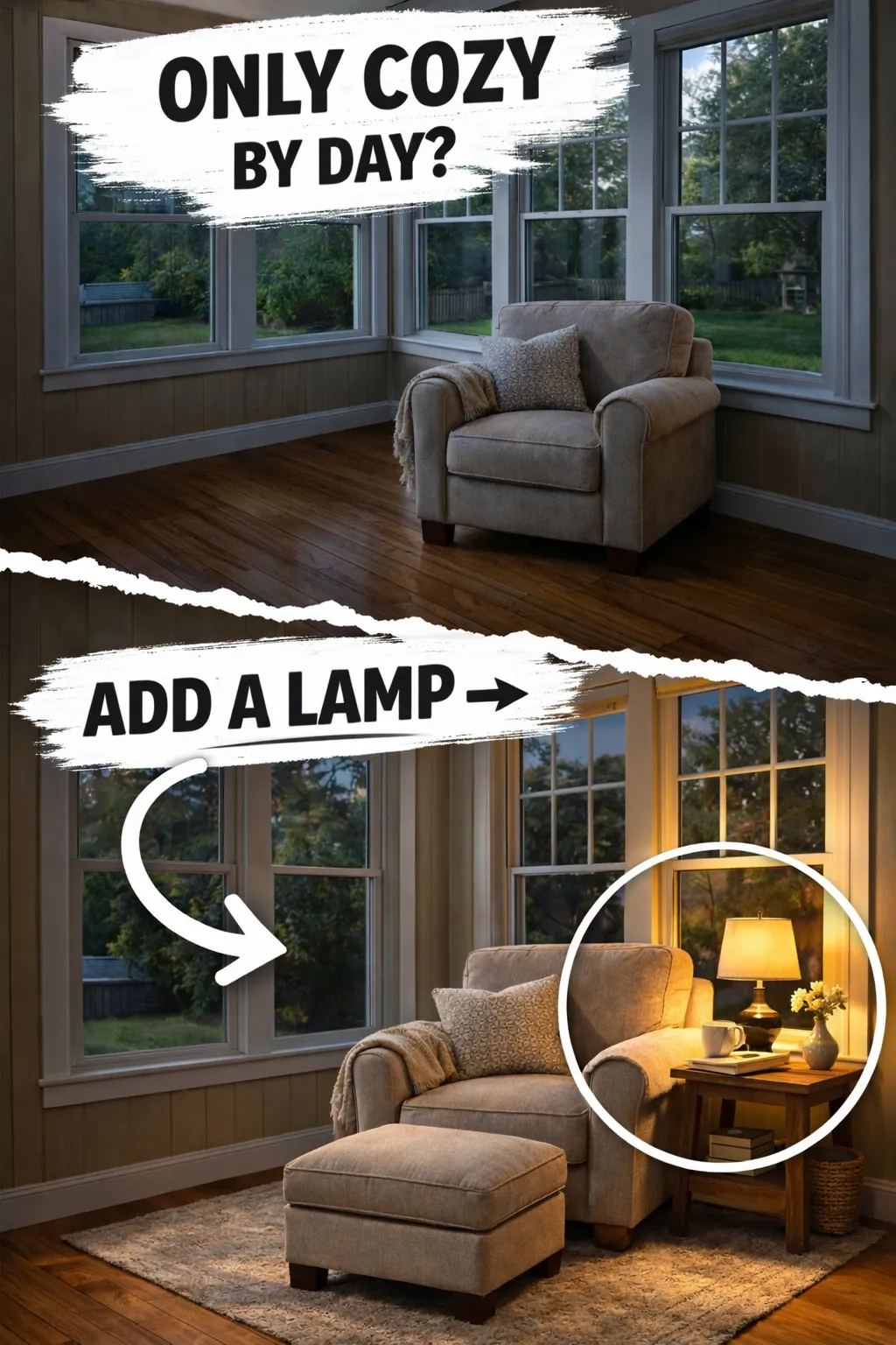 sunroom reading nook ideas with a reading lamp for warm evening light