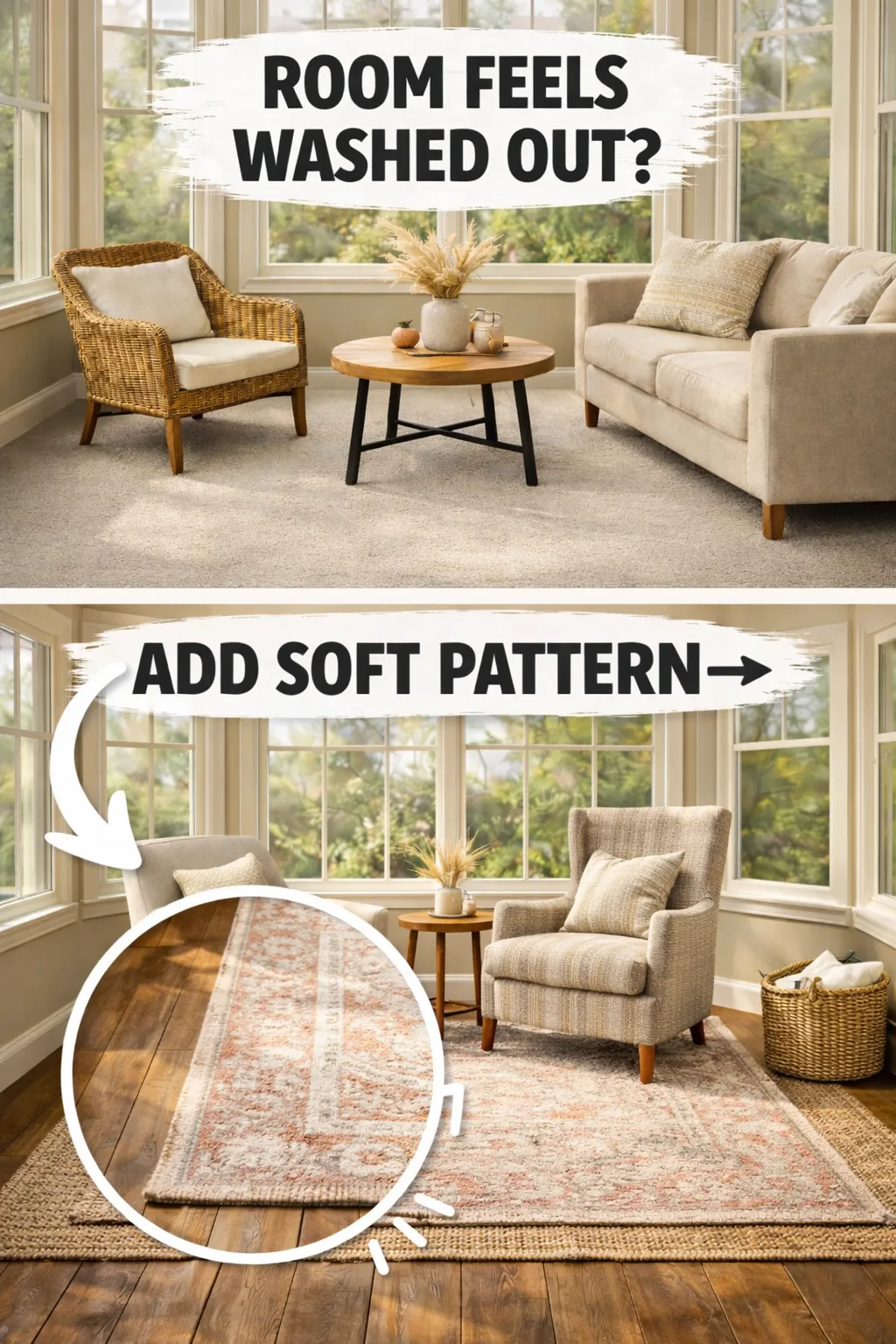 sunroom rug ideas using a soft patterned rug in a bright room