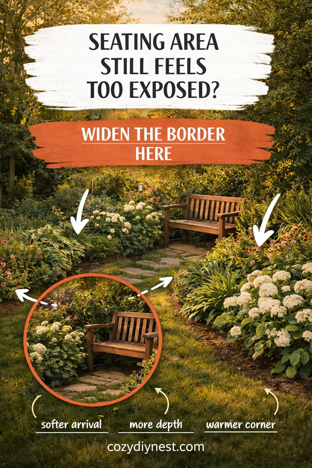 Widened cottage garden border near seating making the backyard feel more intentional