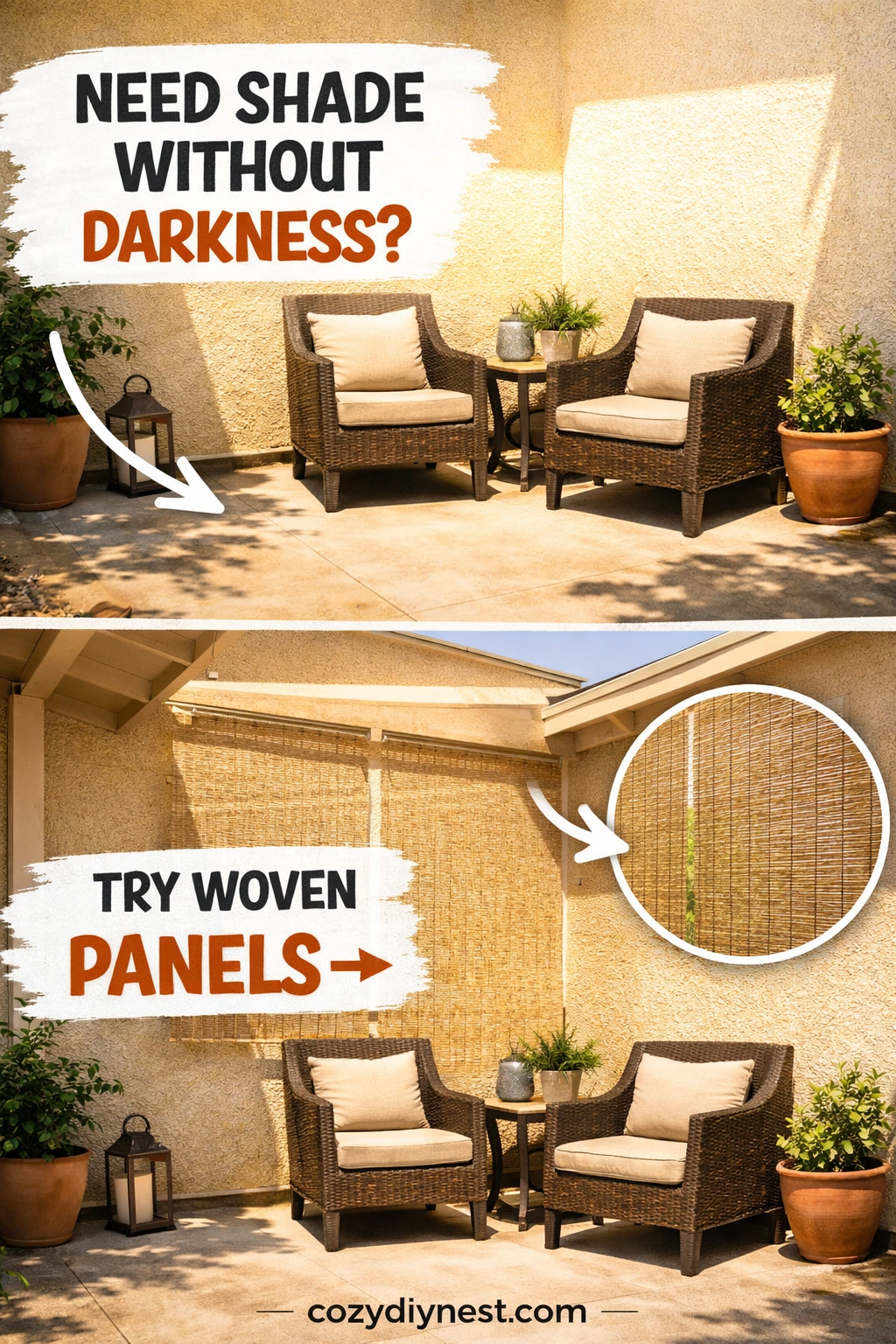 Woven outdoor shade panels filtering harsh sun on a small patio