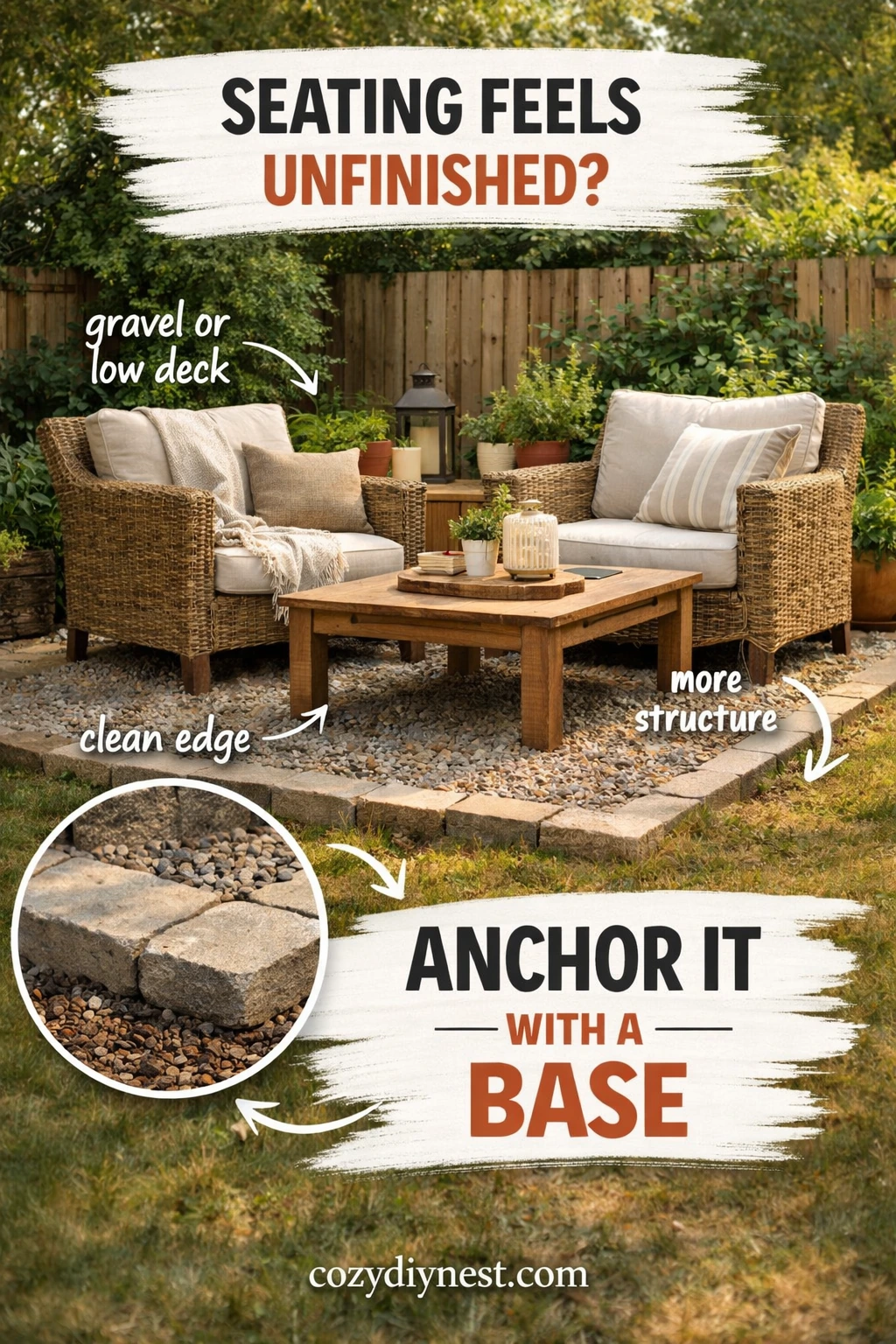 Backyard seating anchored with gravel or a low platform so it feels more finished
