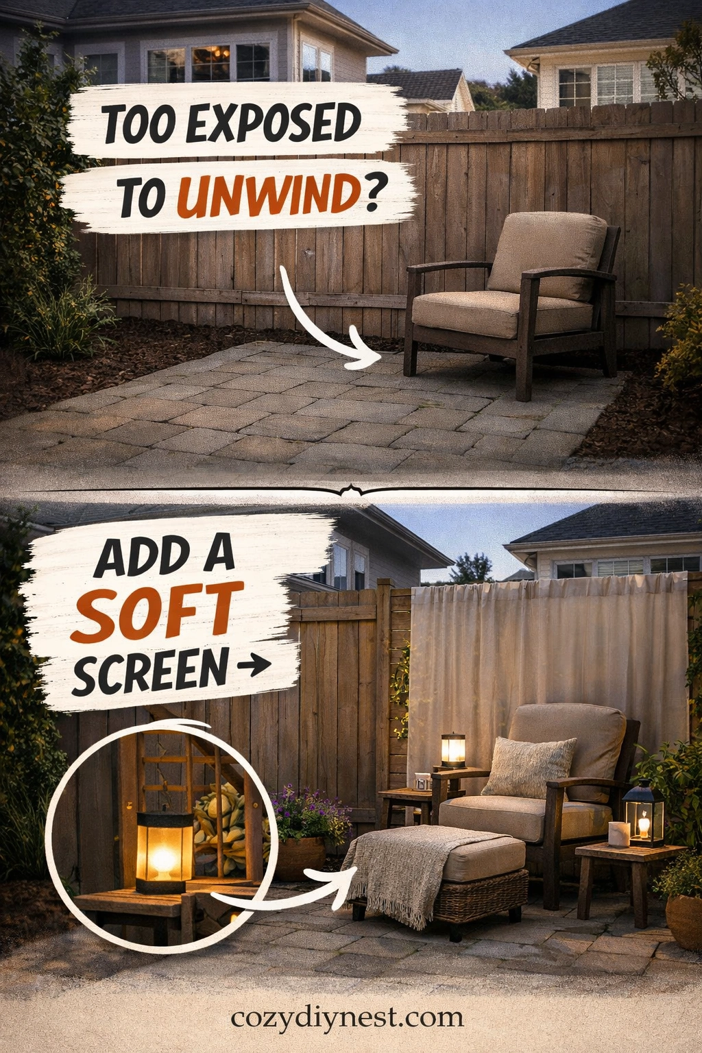 Soft privacy screen making a backyard wellness corner feel more tucked away