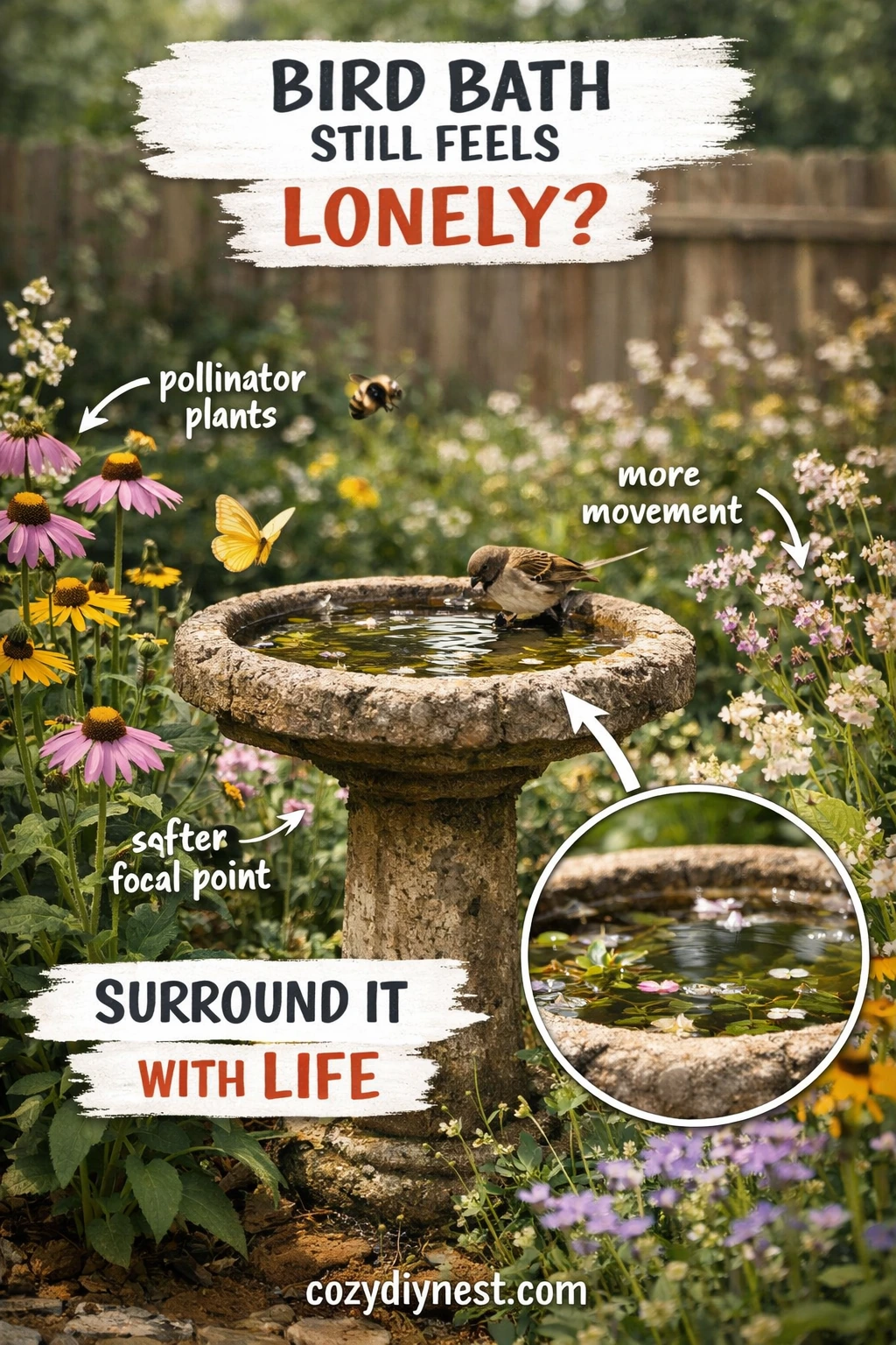 Bird bath surrounded by greenery and pollinator-friendly plants in a garden
