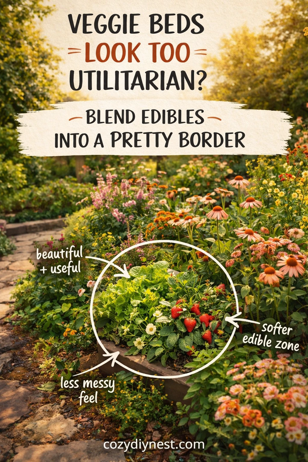 Edible plants blended into a pretty backyard border in a home vegetable garden