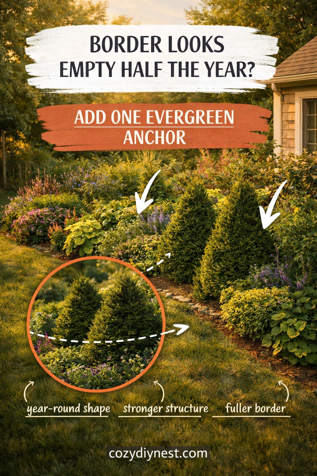 Evergreen structure giving year-round shape to a cottage garden border