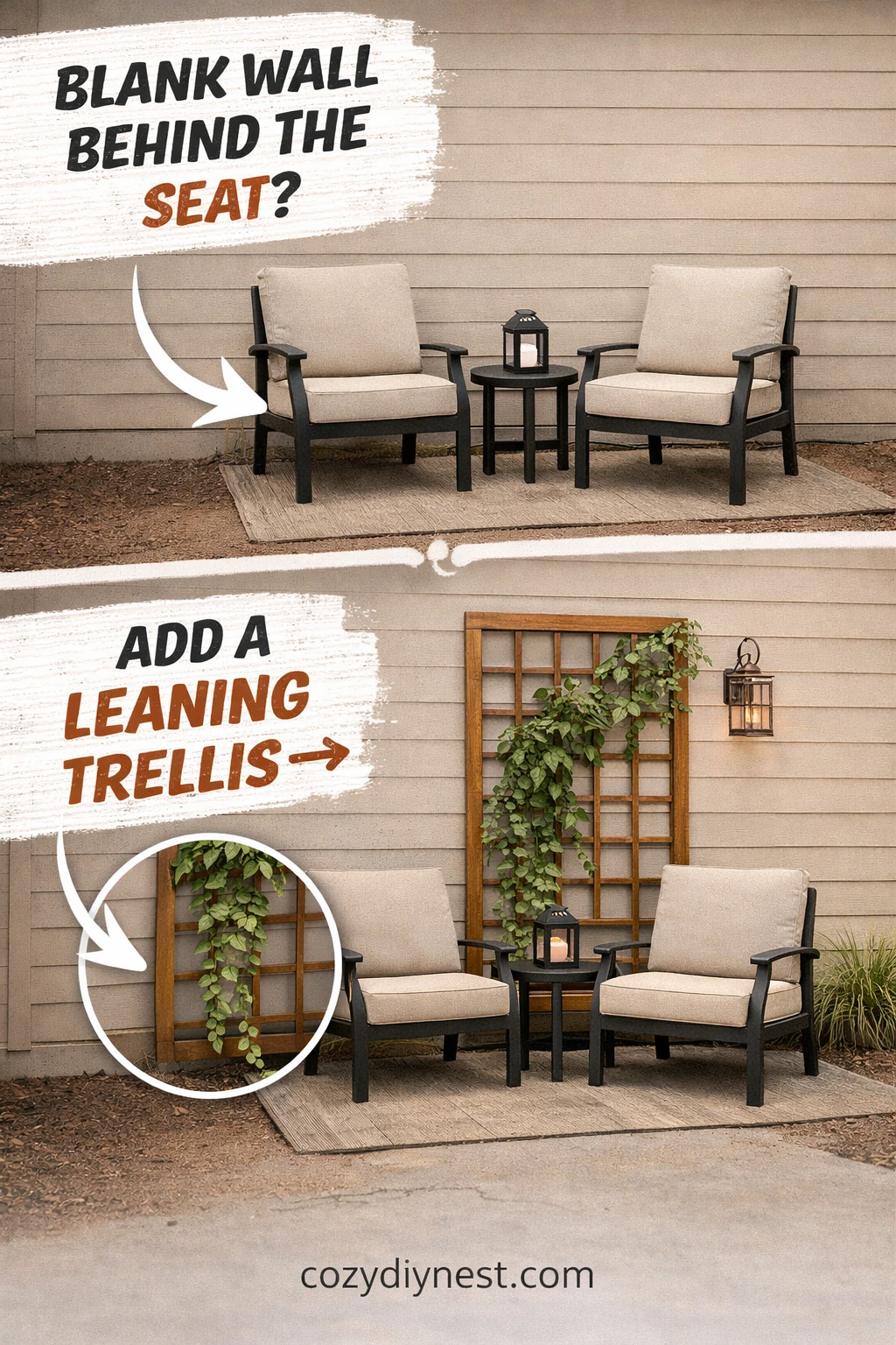 Wall-mounted trellis styling a blank wall behind outdoor seating