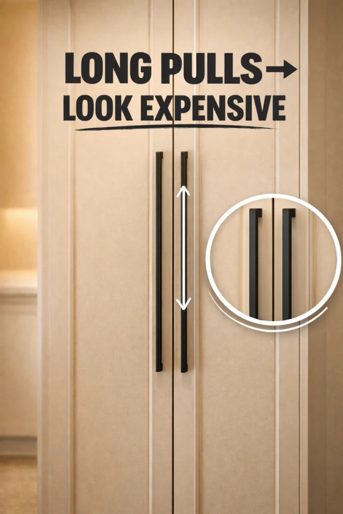 tall modern cabinet doors with long slim black pulls in a minimalist laundry mud room design