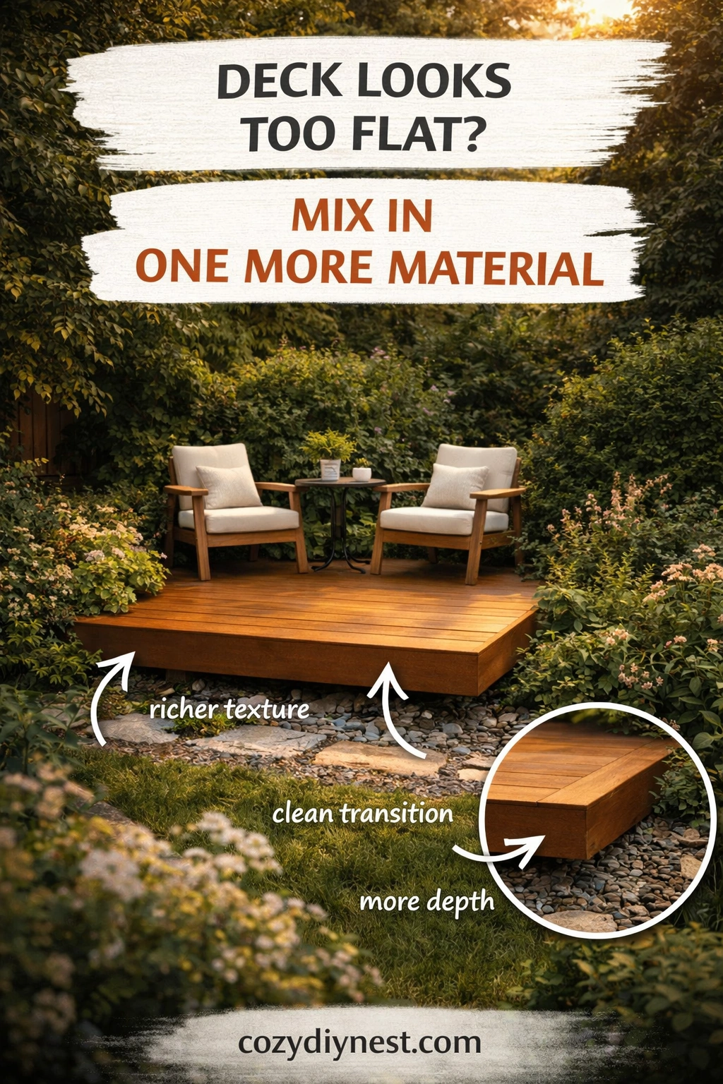 Ground-level deck with mixed materials for a richer backyard design