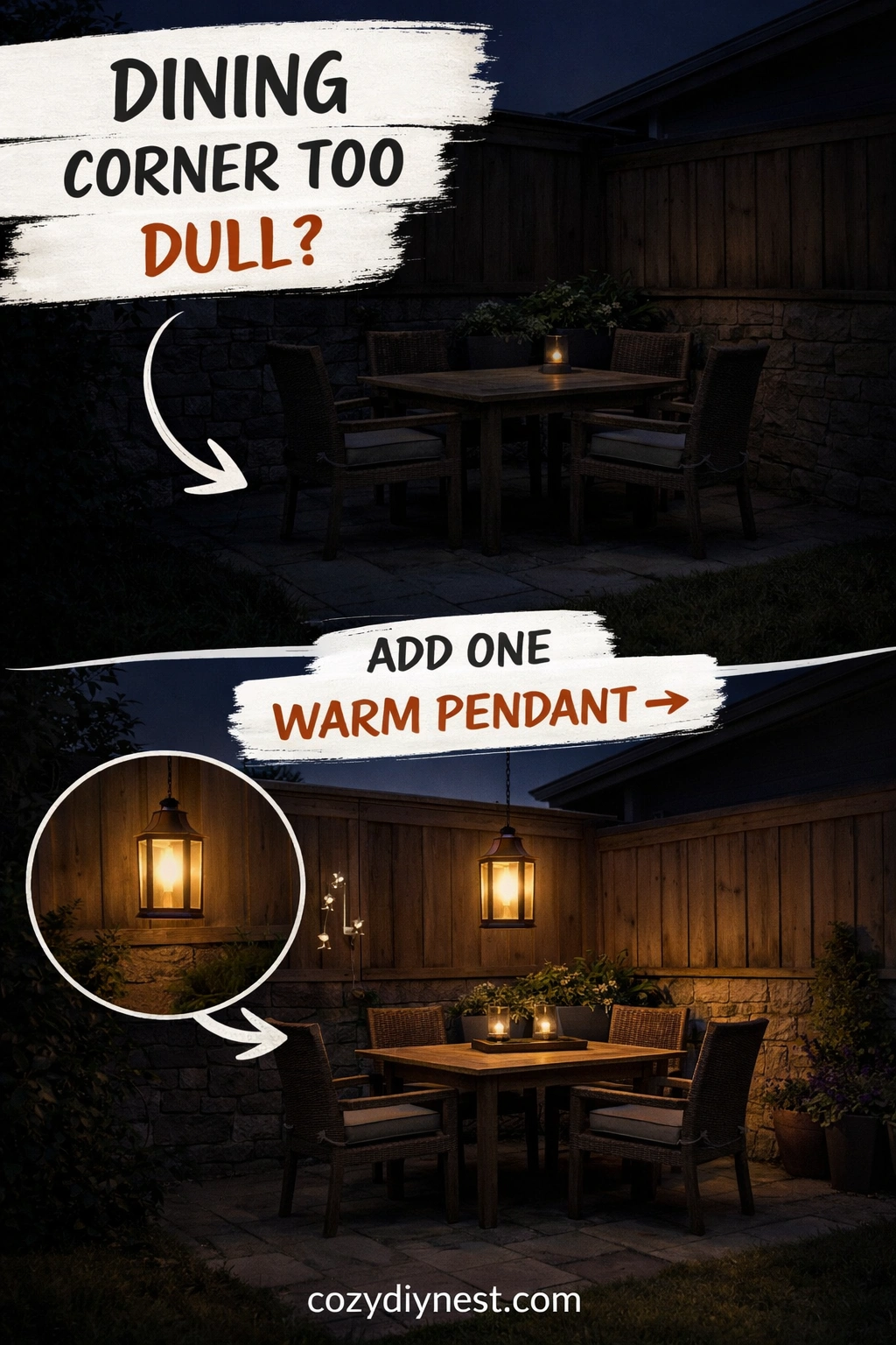 Warm hanging pendant or lantern over a backyard dining nook at night