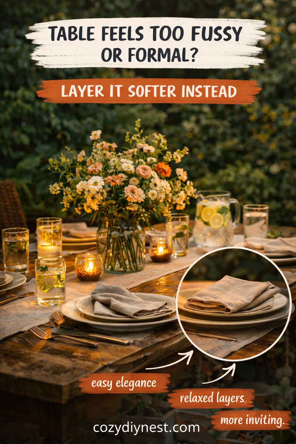 Layered outdoor place settings that feel relaxed and elevated in a garden