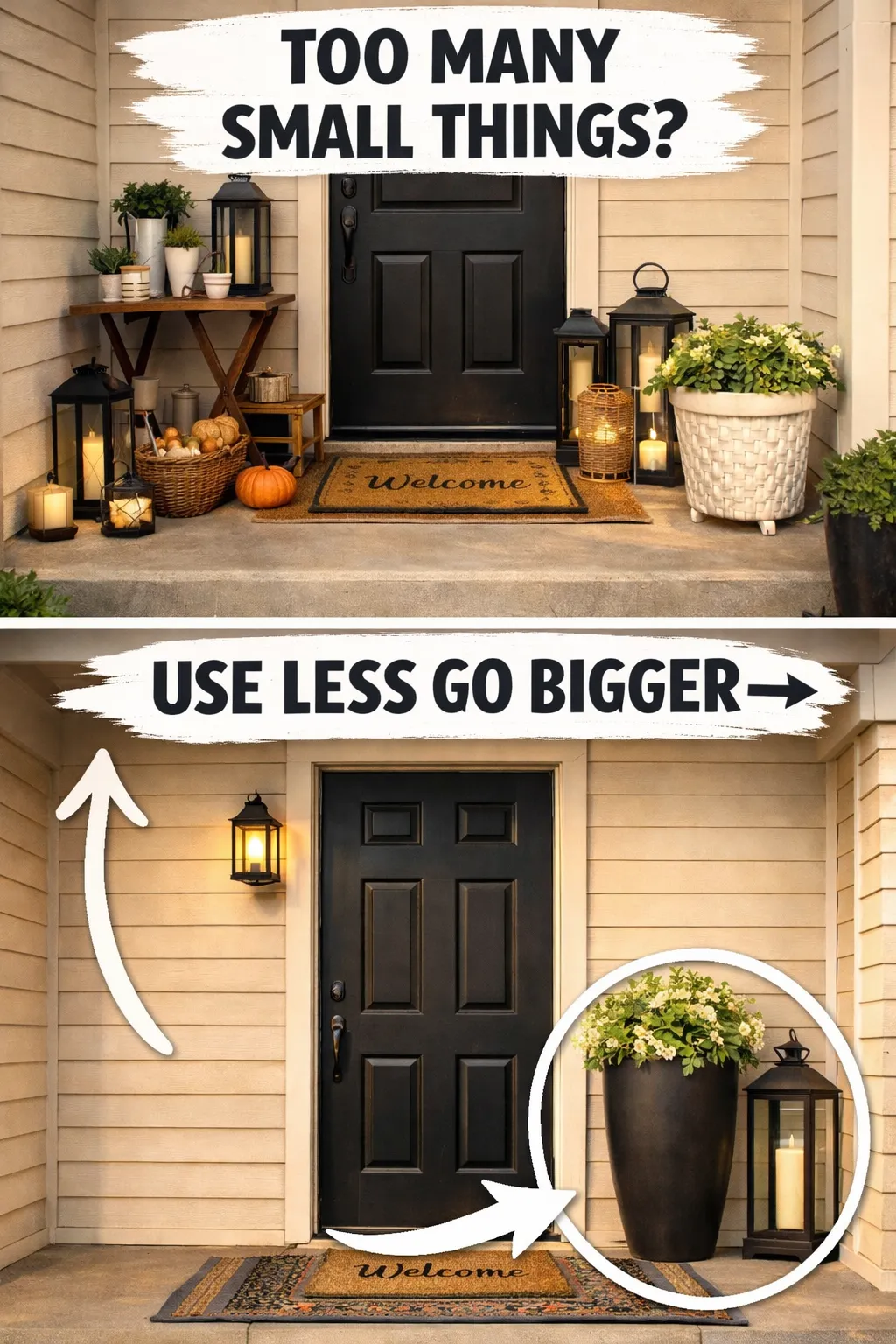 small front porch ideas using fewer bigger decor pieces on a tiny porch
