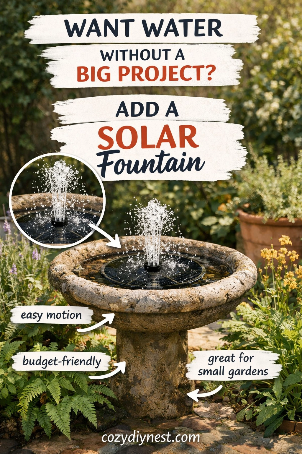 Solar fountain insert adding movement to a basin or bird bath in a small garden
