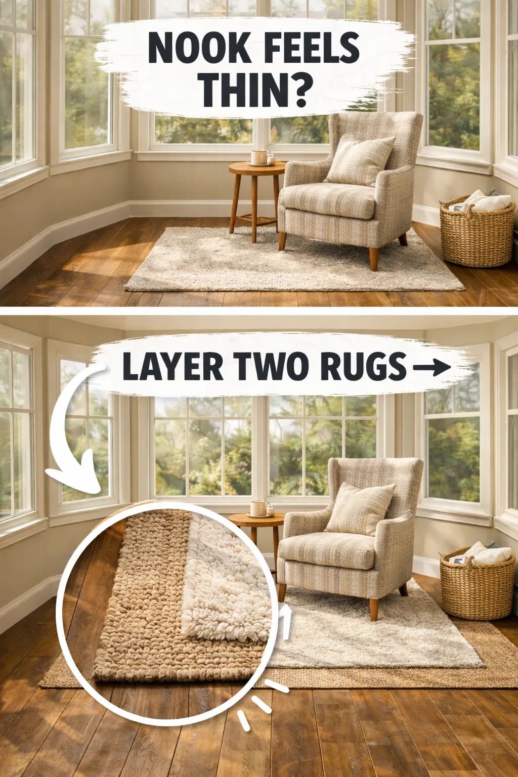 sunroom rug ideas using layered rugs in a reading nook
