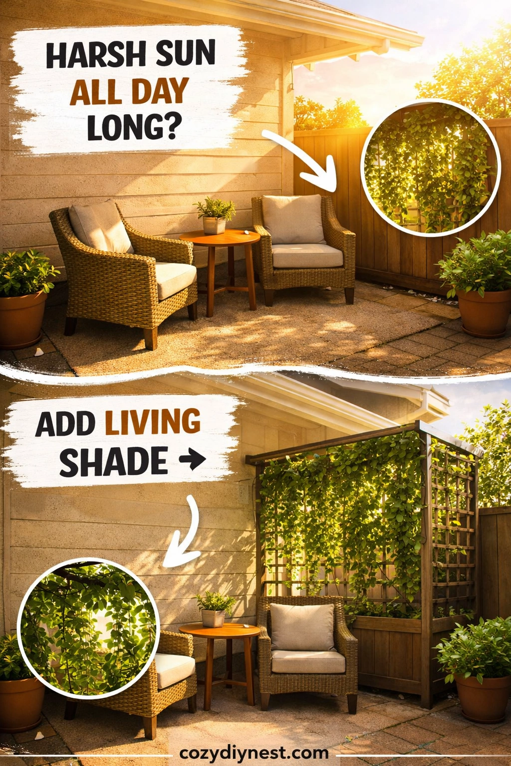 Trellis planter with climbing greenery adding filtered shade to a small patio