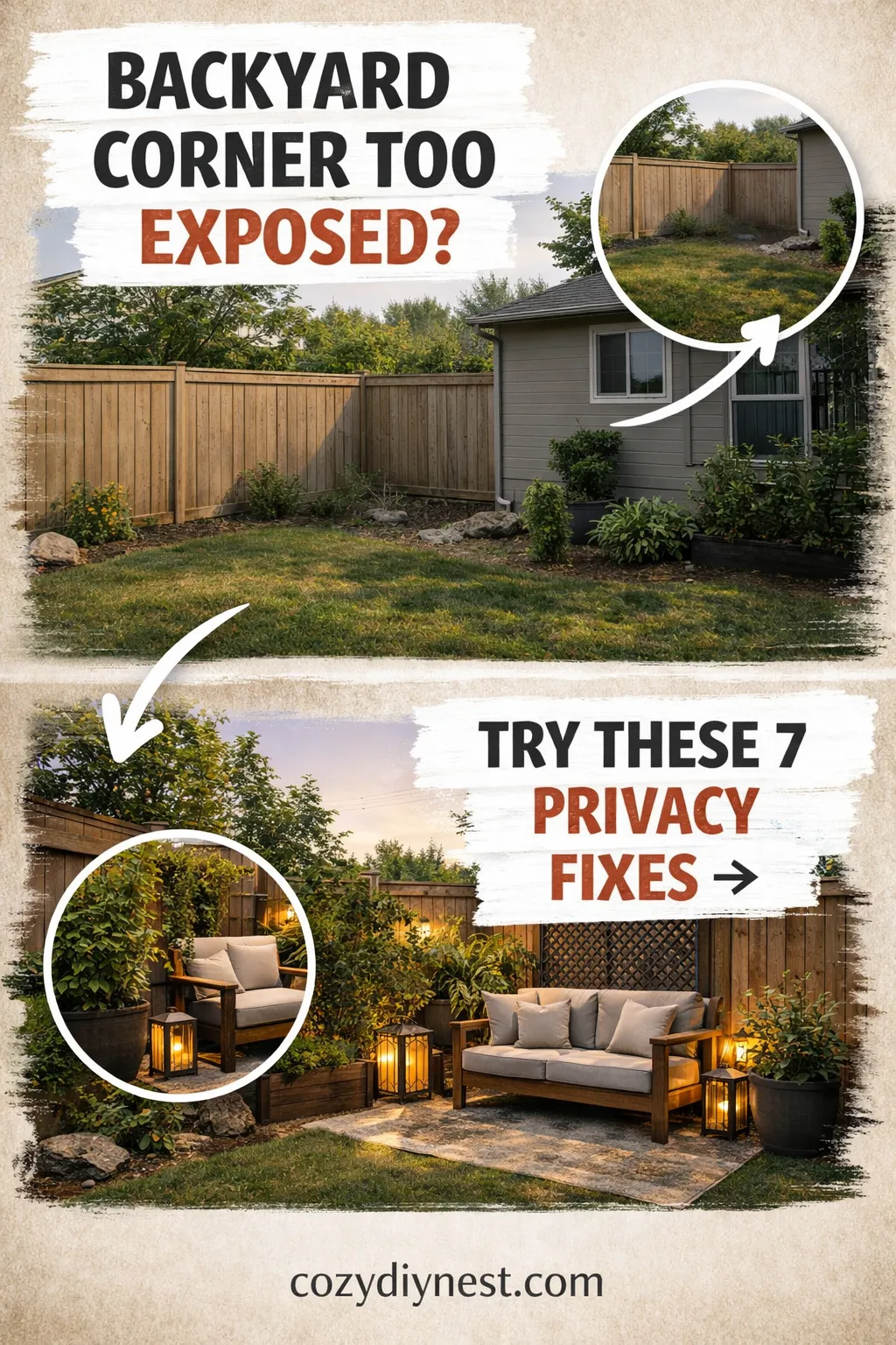 Zoned backyard corner styled like a private outdoor room with layered privacy