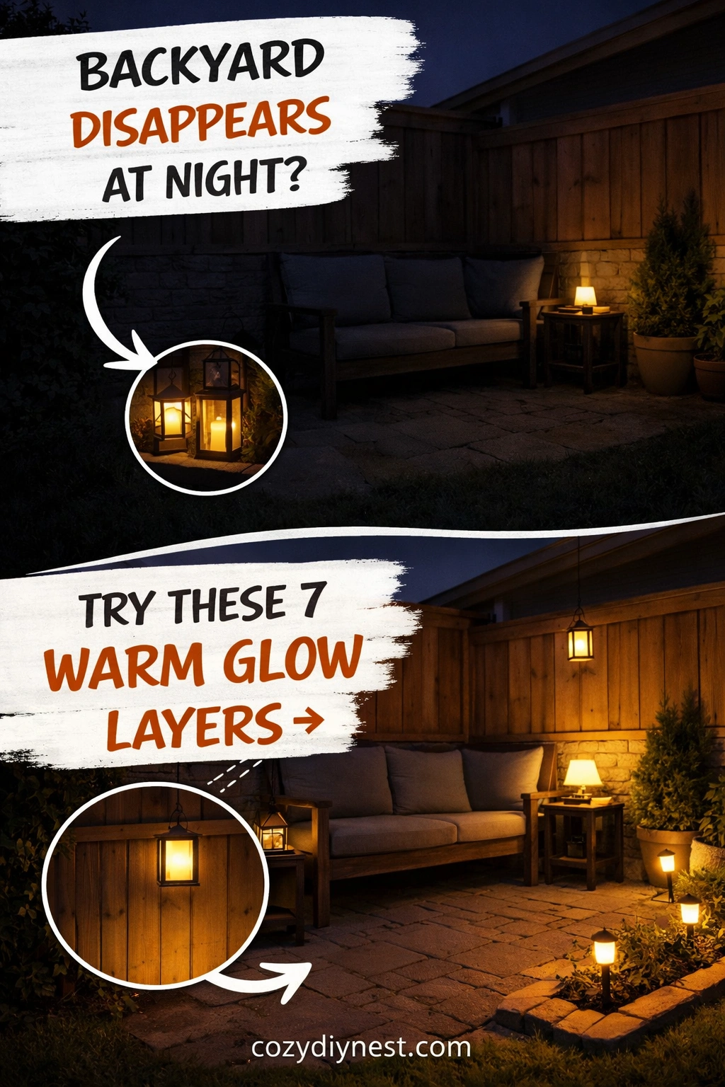 Backyard corner glowing automatically at dusk with warm layered lighting