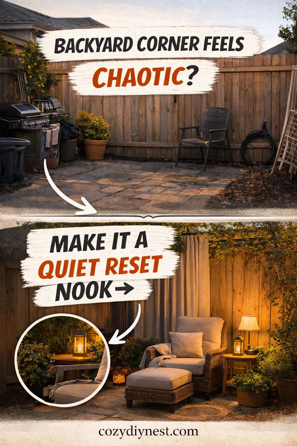 No-task backyard wellness corner styled as a quiet reset nook
