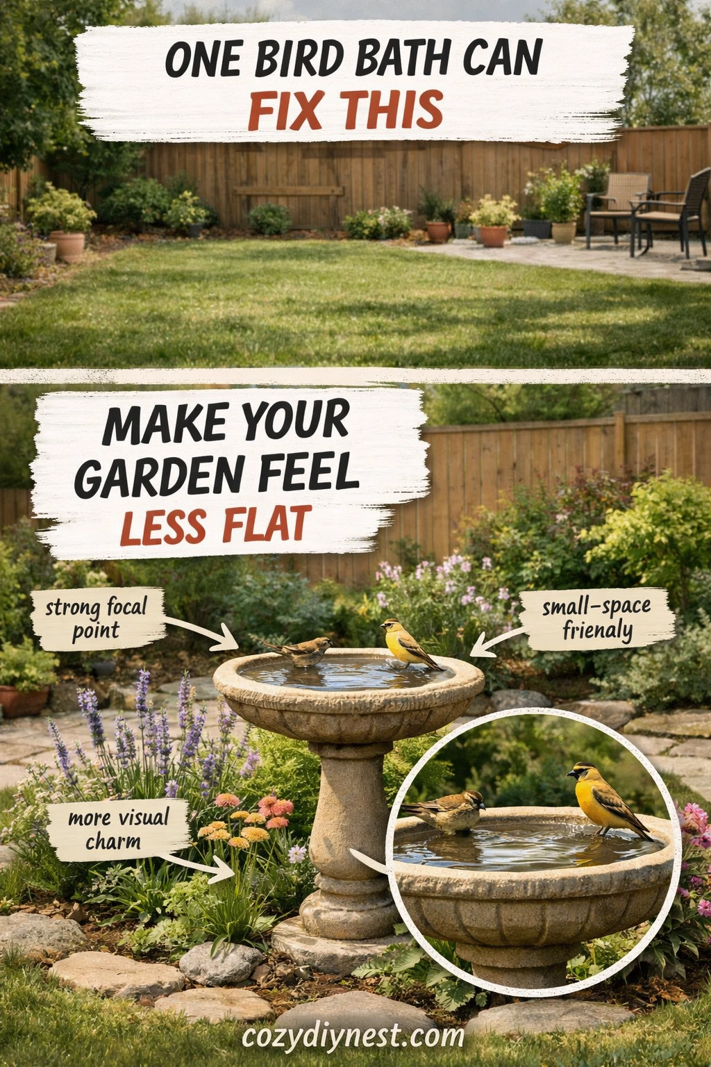 Bird bath acting as the main hero feature in a small backyard garden