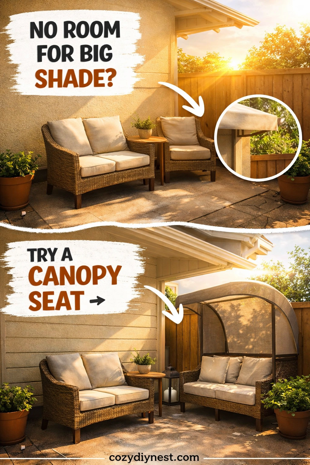 Compact patio seating with a built-in canopy on a sunny small patio