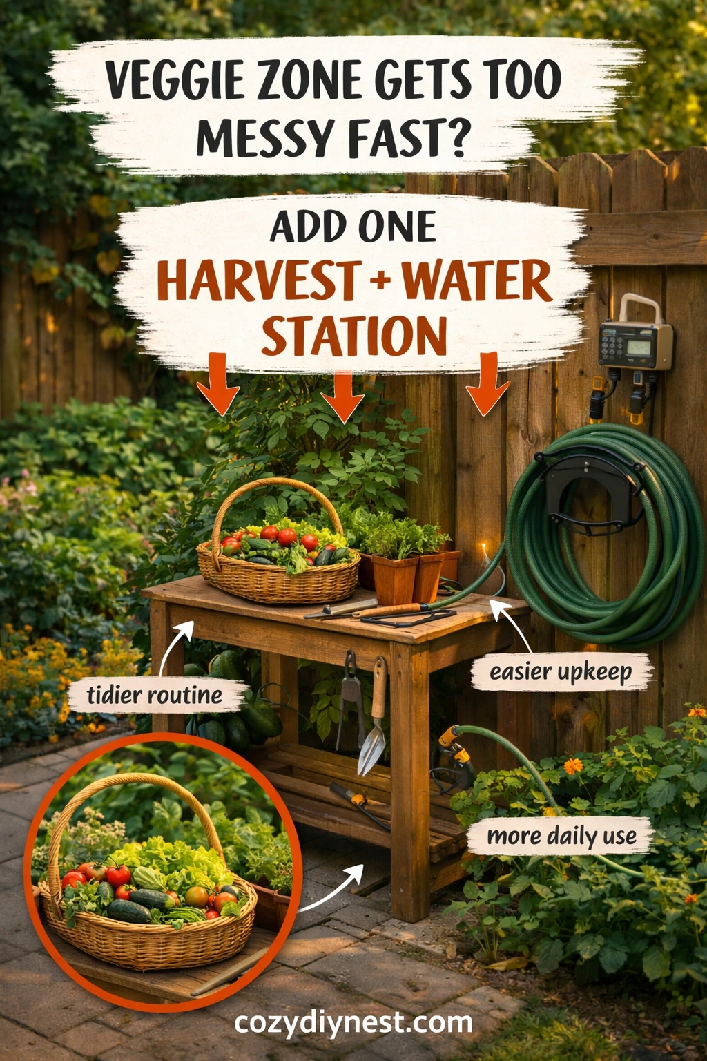 Harvest and water station keeping a home vegetable garden tidy and easy to use