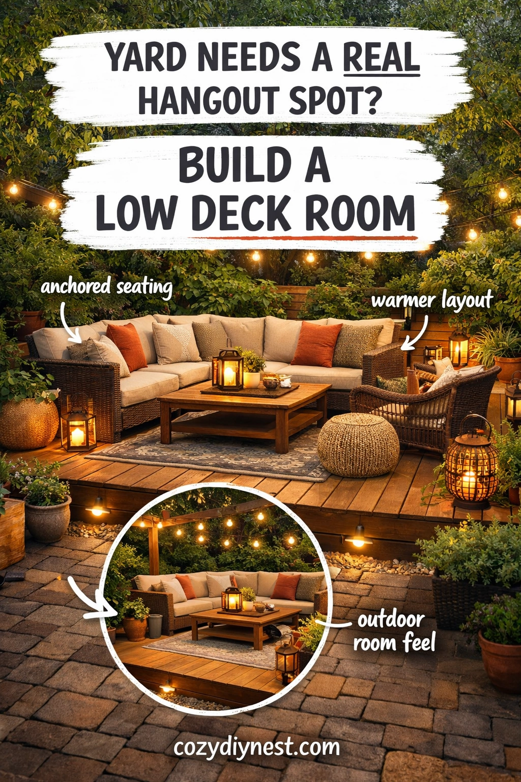Ground-level deck framed like a cozy outdoor room in a small backyard